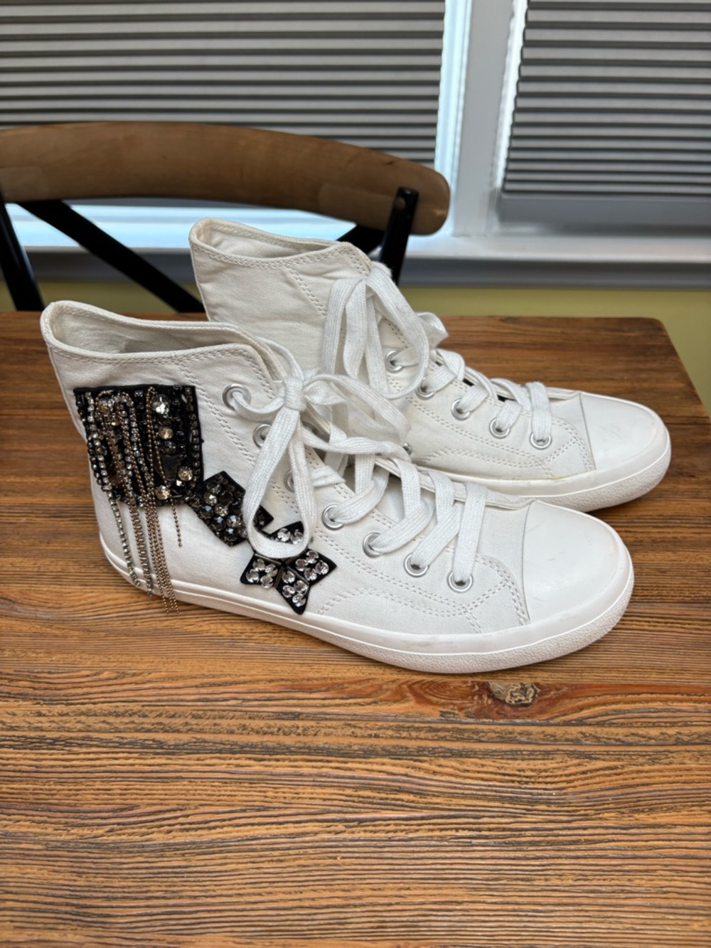 Lauren Lorraine White High-Top Sneakers with Black Beaded Patches and Chains - Picture 16 of 16